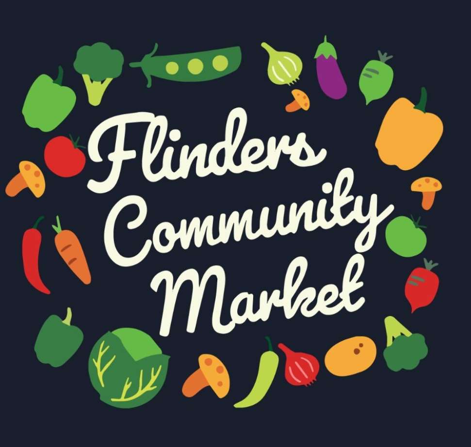 image of community garden logo with fruit and vegetables pictures around the name