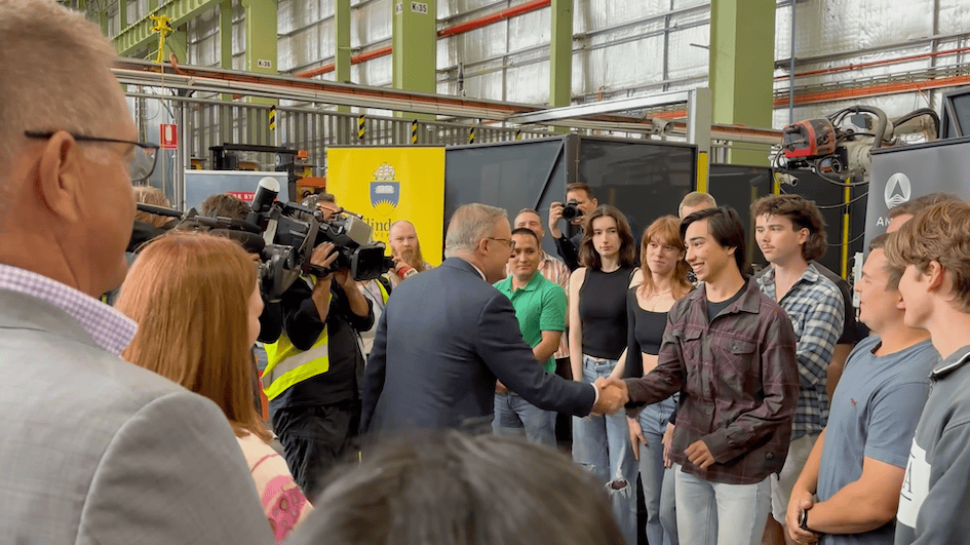 Prime Minister Anthony Albanese shaking hands with the inaugural Nuclear Engineering class at Flinders University at Tonsley