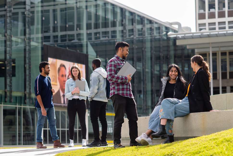 Group of students socialising at Flinders University