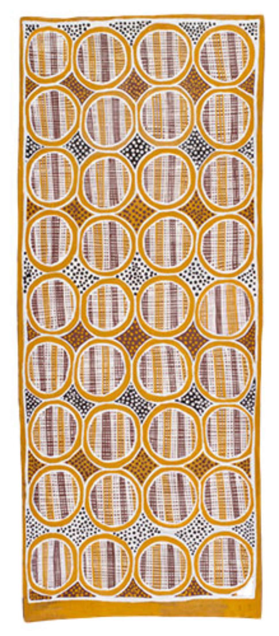 Image: Gwenda Baymabiyma, Djinang, Wurlaki people, born 1991, Ngangiy (mud-mussels, Polymesoda coxans) 2023, stringybark (Eucalyptus tetrodonta) with, ochre pigment and PVA fixative, 143.0 x 46.1 cm (irreg.), courtesy Maningrida Arts and Culture