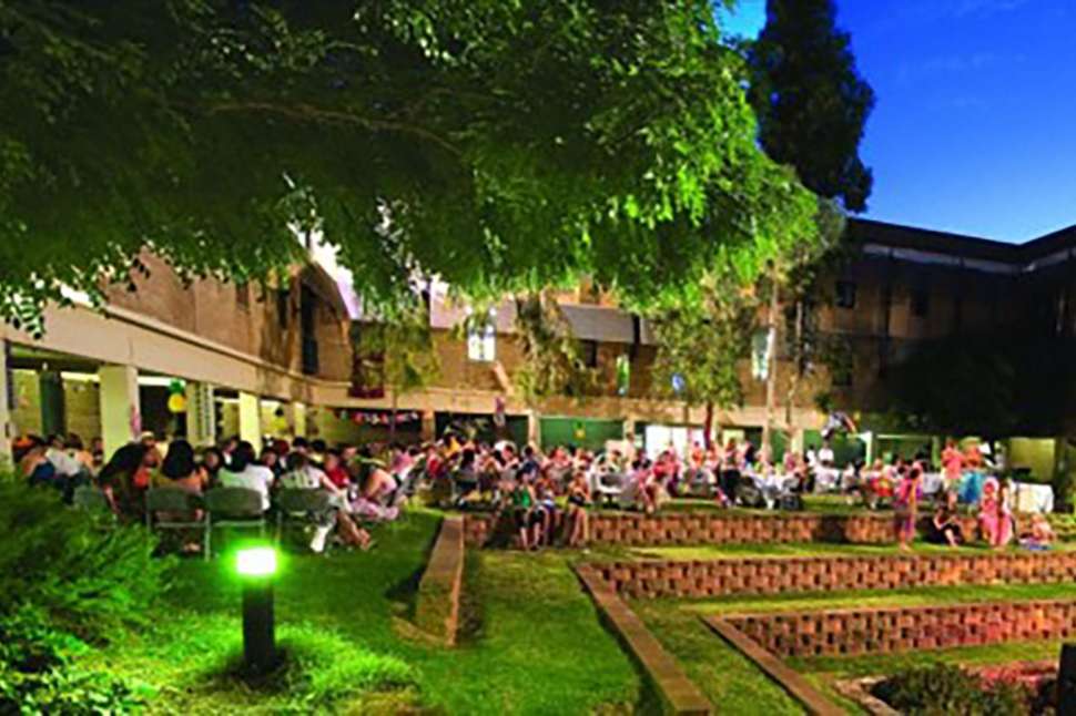 Outdoor plaza setting at night